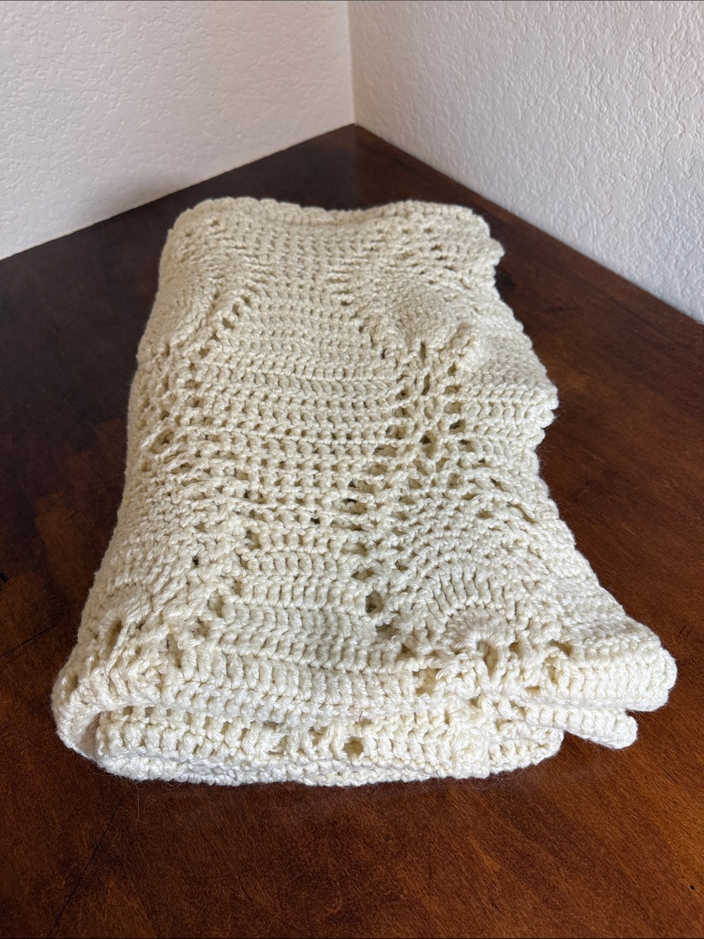 Handmade Crocheted Ivory Vintage Afghan Throw Blanket 43” X 77” Diamond Pattern